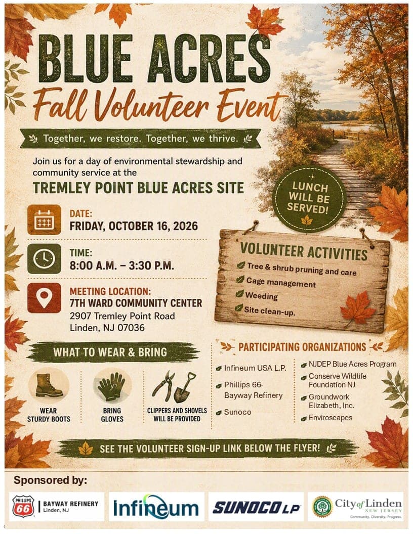Residents are invited to take part in Linden’s Blue Acres Fall Cleanup on Oct. 16.