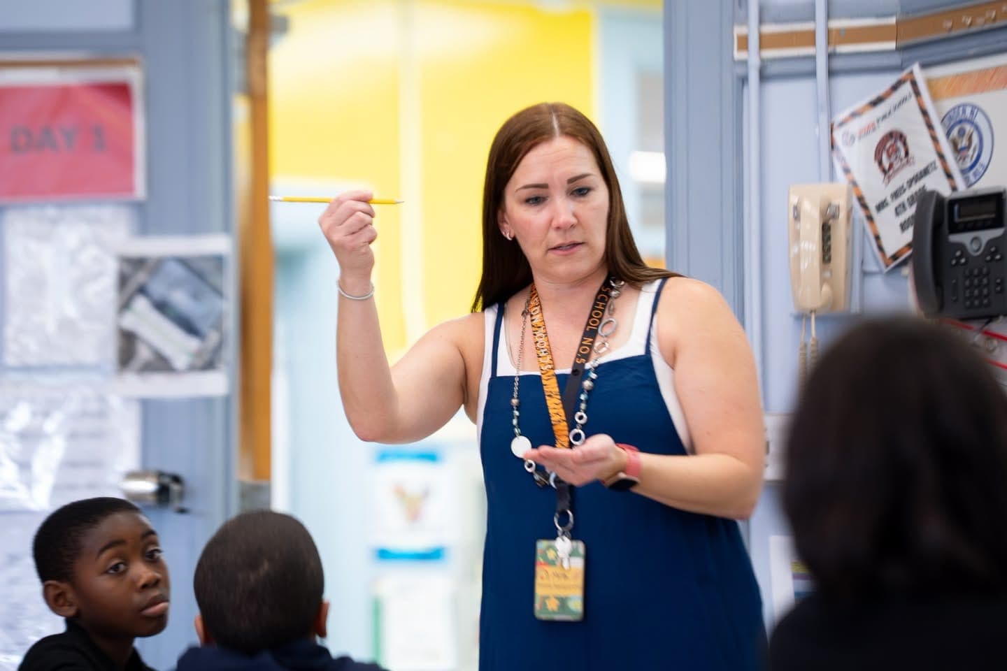 Kara-Lynne Frees-Spoganetz leads a classroom lesson at Linden’s School No. 5.